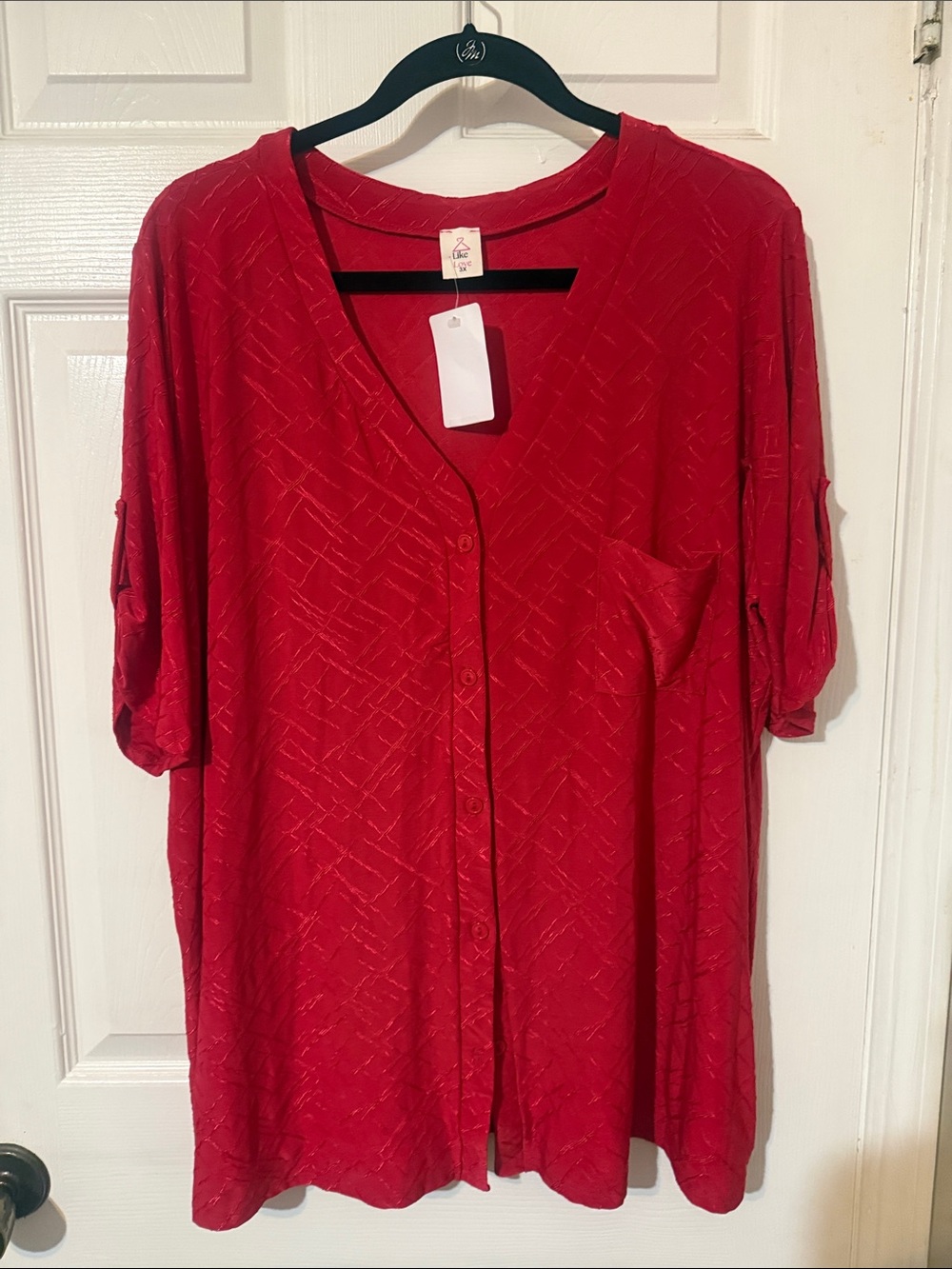 Women's Red Button-Front V-Neck Shirt with Chest Pocket
